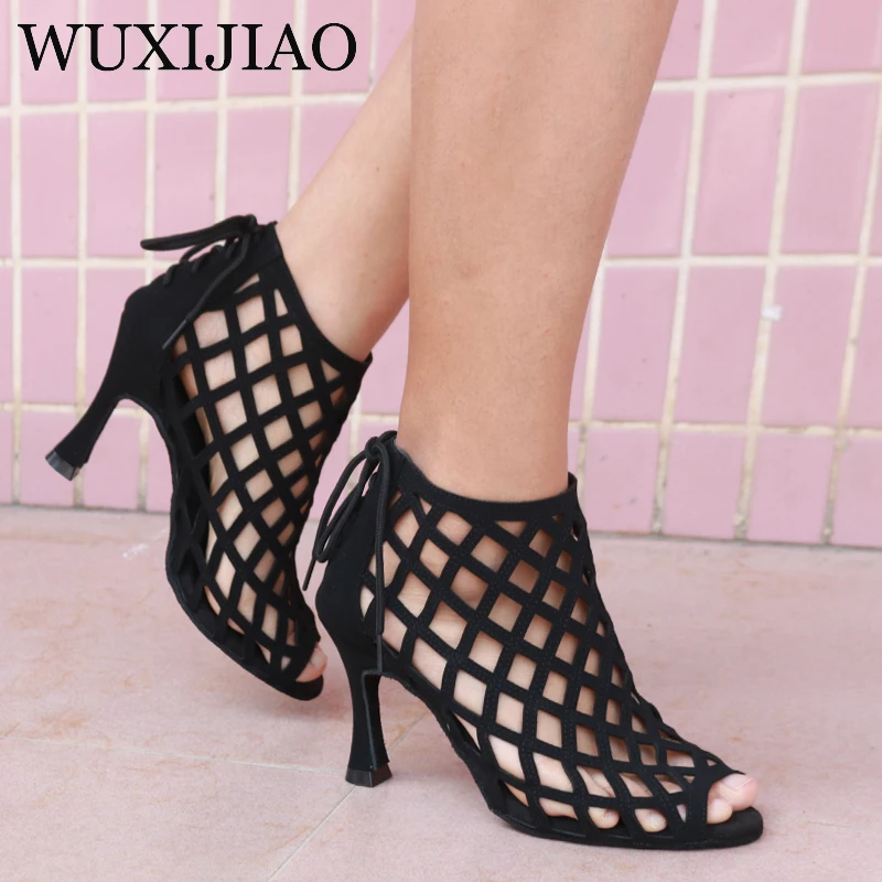 WUXIJIAO-Botines de ante negro para mujer, zapatos de baile latino, baile de salón, tango, 10 cm, 2020