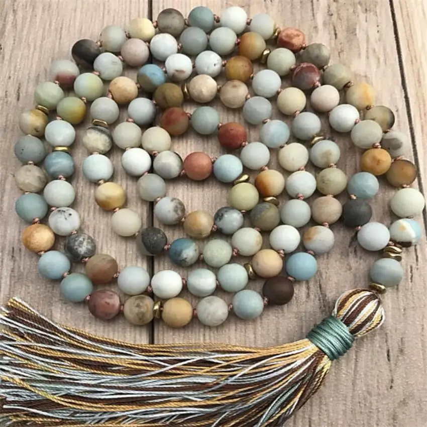 

8mm Frosted Amazonite Gemstone Knot Mala necklace 108 Beads Meditation Buddhism cuff Hot Stress mala Bless MONK Lucky Unisex Men