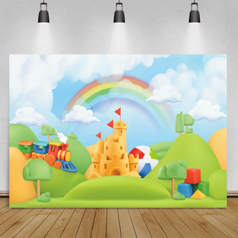 Laeacco Castle Rainbow Train Playground Caroon World Newborn Baby Child Shoot Photography Background Photo Backdrop Photo Studio