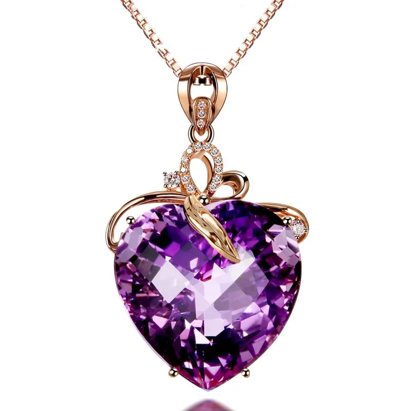 14 K Rose Gold Real Amethyst 45 Cm Necklace Pendant Female Gemstone Chain Jewelry Clavicle Chalcedony Rose Gold Bizuteria Women