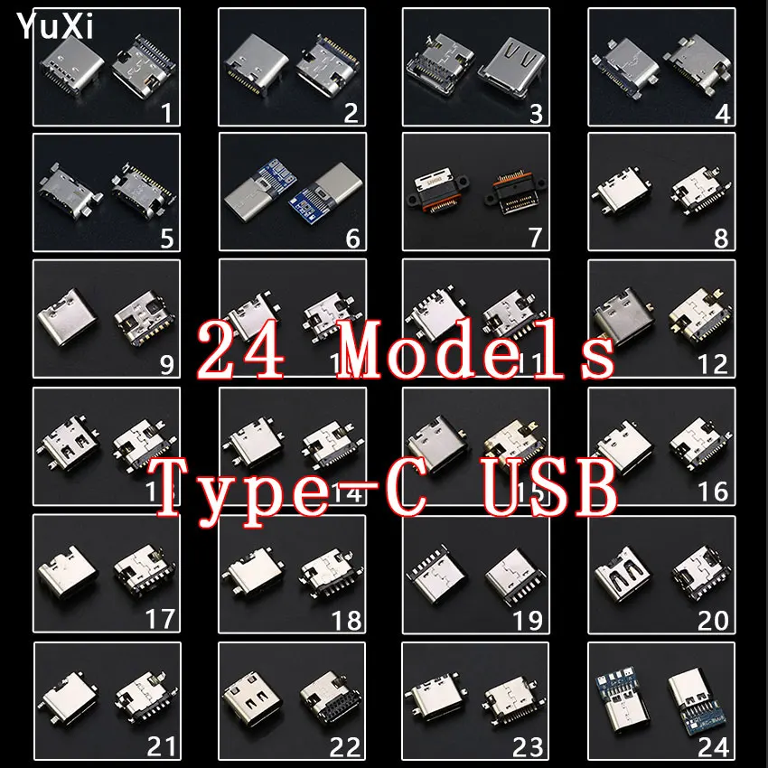 YUXI 24Models Micro USB Type C Connector jack Charging Dock port Plug Type-C Socket Female jack For Xiaomi Huawei Samsung SONY