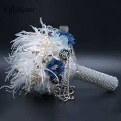 Dusty Blue Feather Wedding Bouquet Sequined Tassel Sparkly Crystals Crown Luxury Jewelry Bouquet Bride Bouquet Princess Fairy