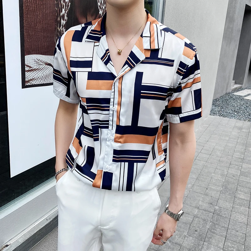 

Summer British Style Short Sleeve Shirt Men Fashion 2020 Stand Collar Slim Fit Mens Casual Shirts Night Club Work Shirt Man