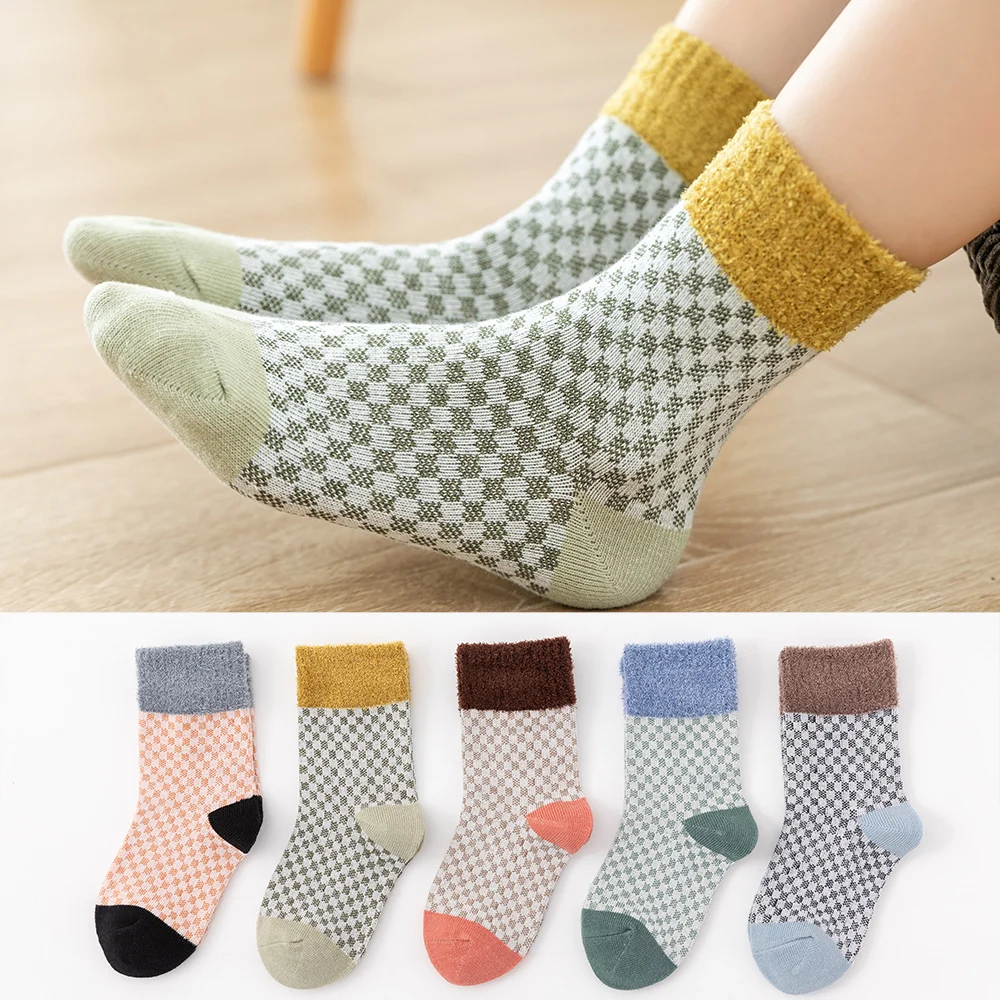 

5Pairs/lot Baby Socks Newborn Boys Grils Autumn Winter Socks Kids Cotton Thick Terry Socks Children Plaid Warm Socks