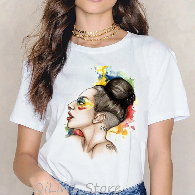 Fashions womens Lady Gaga Watercolor Printed t shirt Chemise femme Casual T-Shirts hipster Streetwear Summer 2019 top Tee Shirt