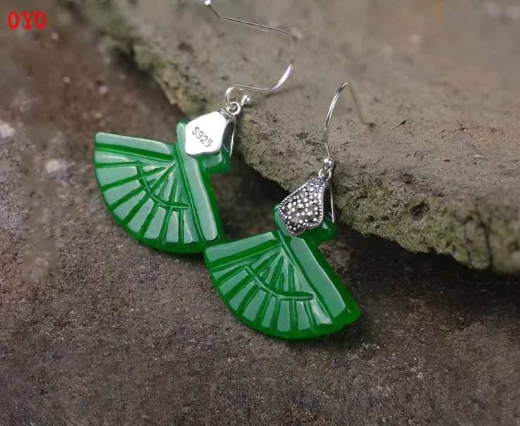 s925 silver hand-carved fan-shaped jade earrings