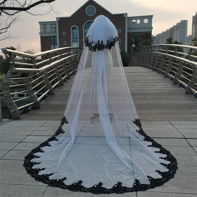 Two Layers Black Lace Bridal Veils with Comb Blusher White Ivory Tulle Cathedral Long Wedding Veil Accessories for Brides 3 M