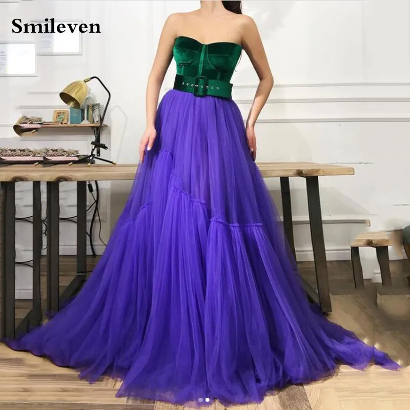 

Smileven Sweetheart Neck A Line Evening Dress Tulle Prom Dresses 2021 Top Velvet New Design Floor Length Formal Party Gown