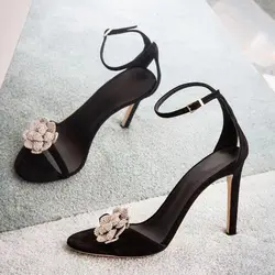 Women Black Dress Sandals Crystal Camellia Decor High Heels Party Summer Shoes Ankle Strap Lady Sandalias Femmes Stiletto Pumps