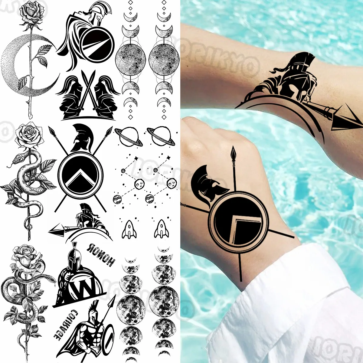 Black Spartan Sword Small Temporary Tattoos For Women Men Rose Flower Snake Outer Space Fake Tattoo Sticker Hand Body Tatoos DIY