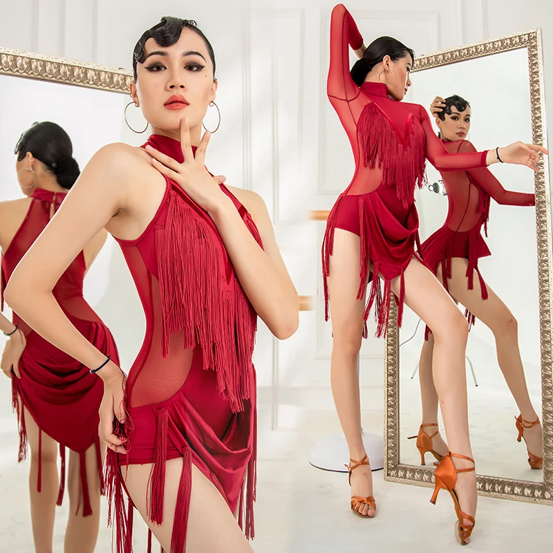 

2021 Red Latin Dance Dress Women Swing Fringe Dress Sexy Salsa Dance Costume Cha Cha Rumba Adult Latin Competition Dress BL7019