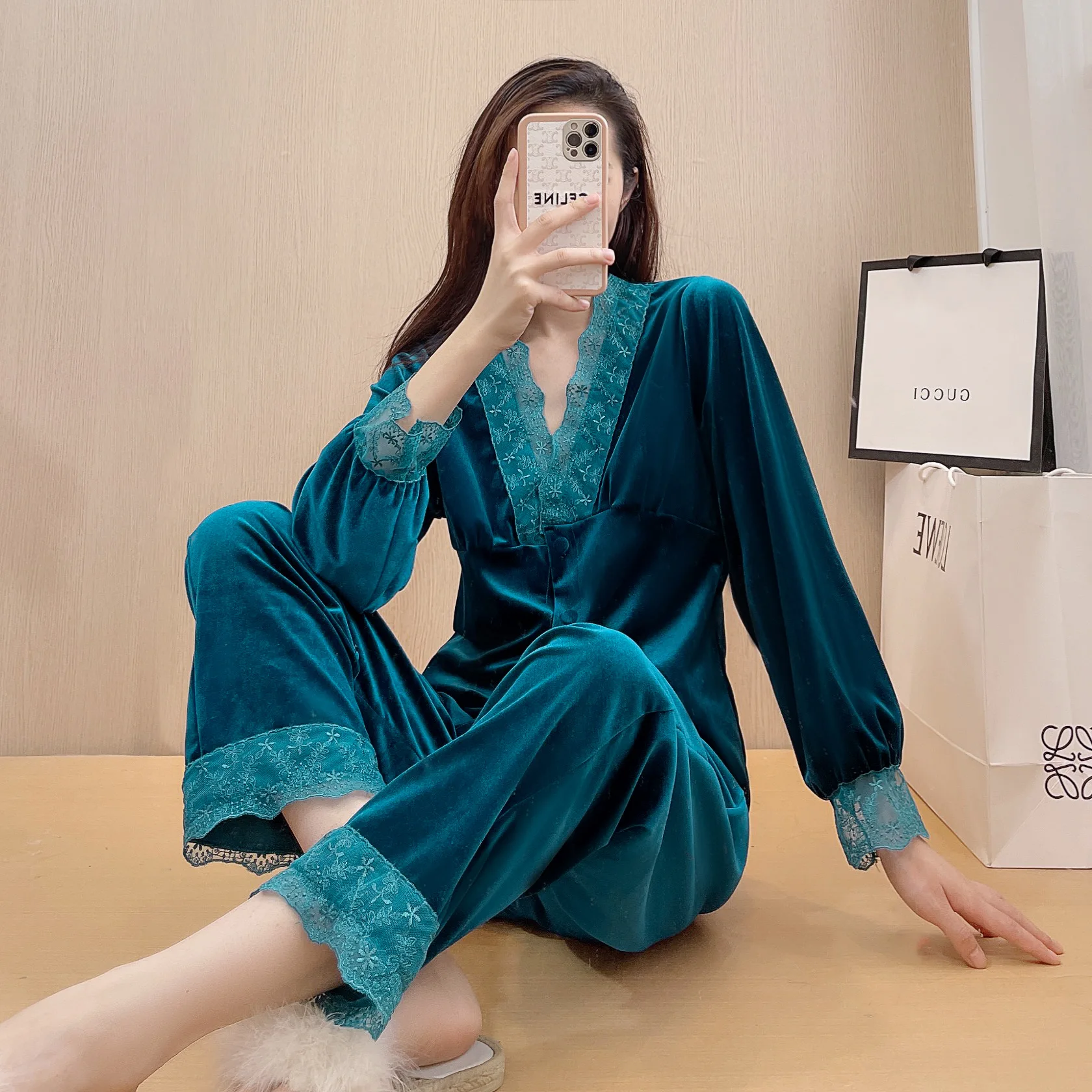 Lace V-Neck 2PCS PJS Sets Spring Pajamas Women Sleepewer Velour Long Sleeve Pyjamas Home Clothes Elastic Waist Lounge Wear