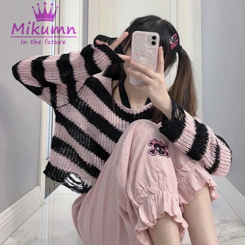 Punk Gothic Rock Dark Red Pink Purple Gray Green Striped Short Sweater Women Girl Streetwear Y2k Top