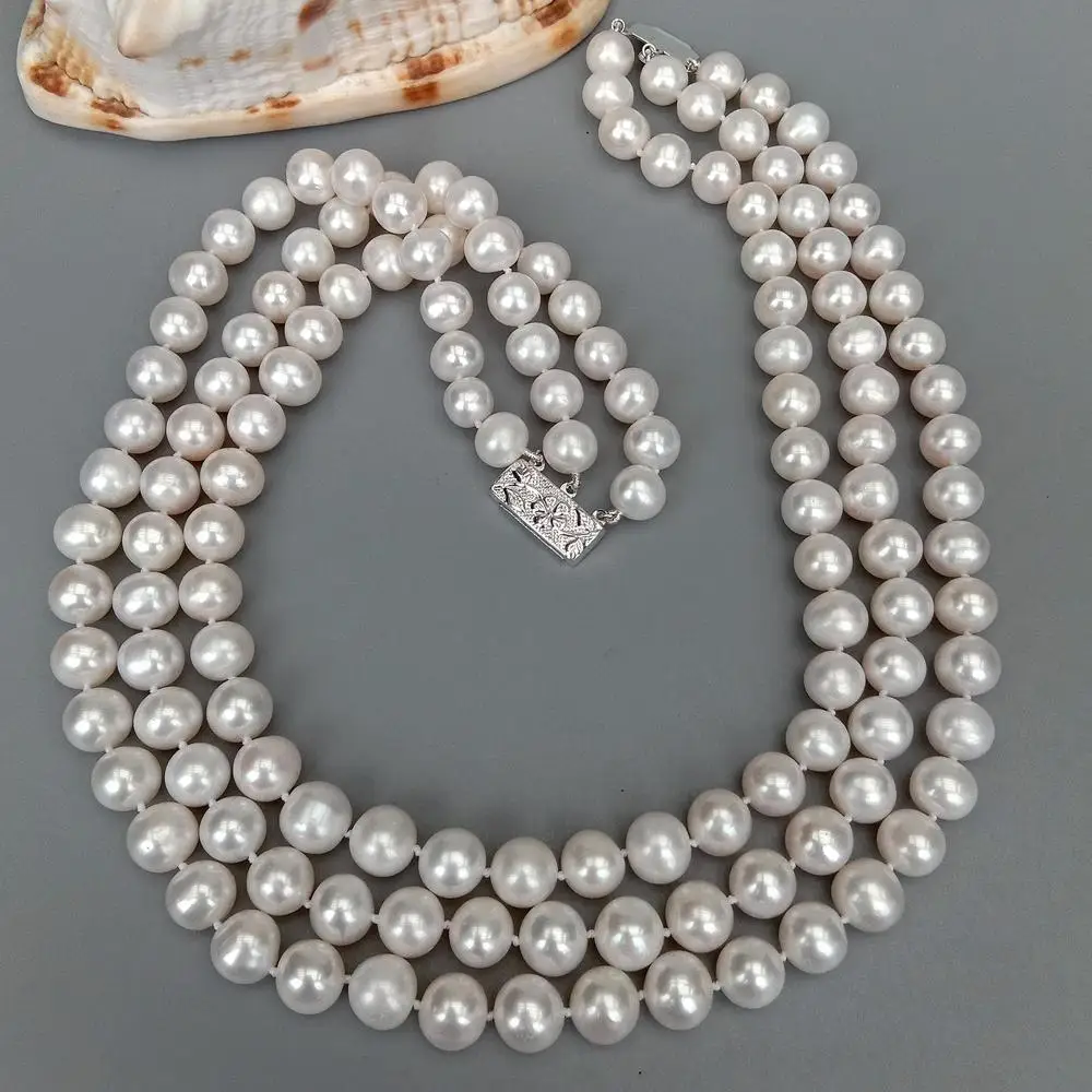 

YYGEM Luxury Style 3 strands Natural Real Cultured White Potato Shape Freshwater Pearl 10-11mm Necklace 925 Silver Clasp
