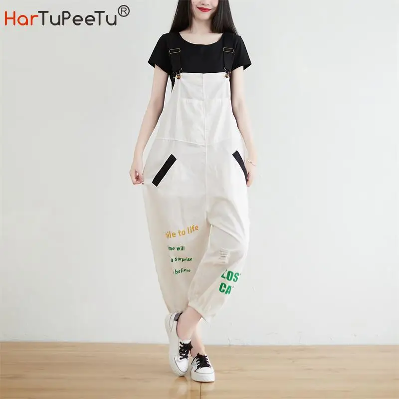 

Summer Autumn Loose White Jumpsuit Cotton Women Letters Print Ripped Baggy Bib Pants Bunch Bottom Ankle-Length Mom Overalls