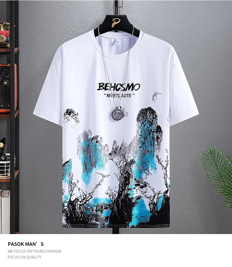 Neue casual T-shirt klassische Chinesische landschaft malerei druck muster rundhals mode hip-hop straße liebhaber kurzen ärmeln