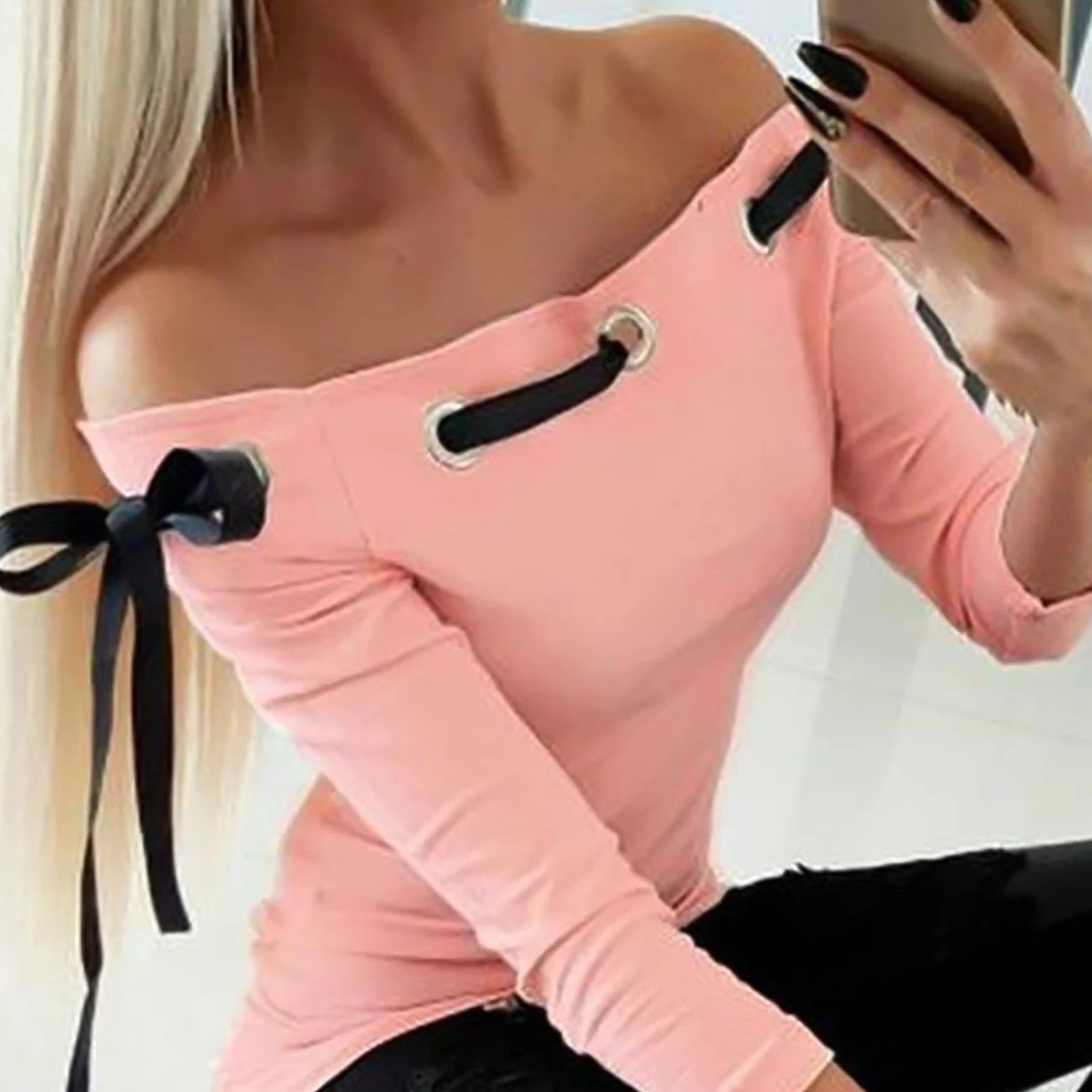 Women Sexy Long Sleeve Off Shoulder Hollow Out Bowknot Bandage Slim Fits T-shirt