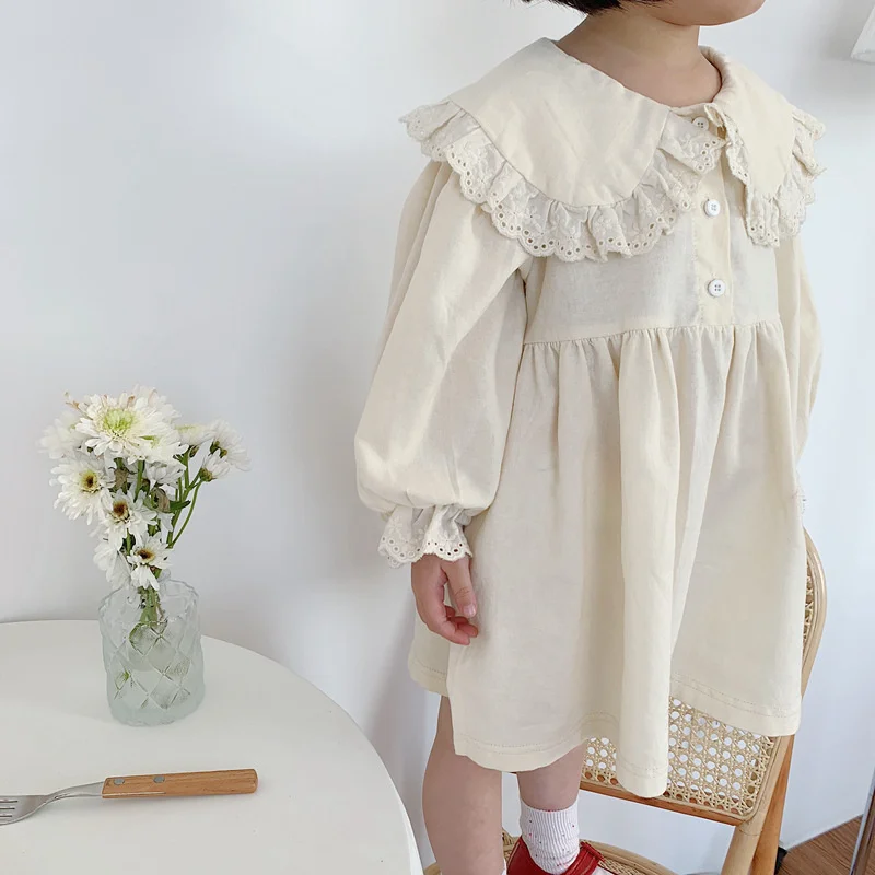 Spring Fall kids dress for girls lace patchwork Korean style cute girls long sleeve turn-down collar party princess dresses