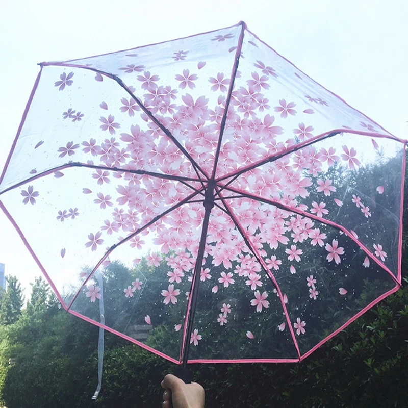 

Three Folding Women's Transparent Umbrella Female Automatic Open Closed UV Umbrella's Outdoor Students Clear Vision Rain Parasol