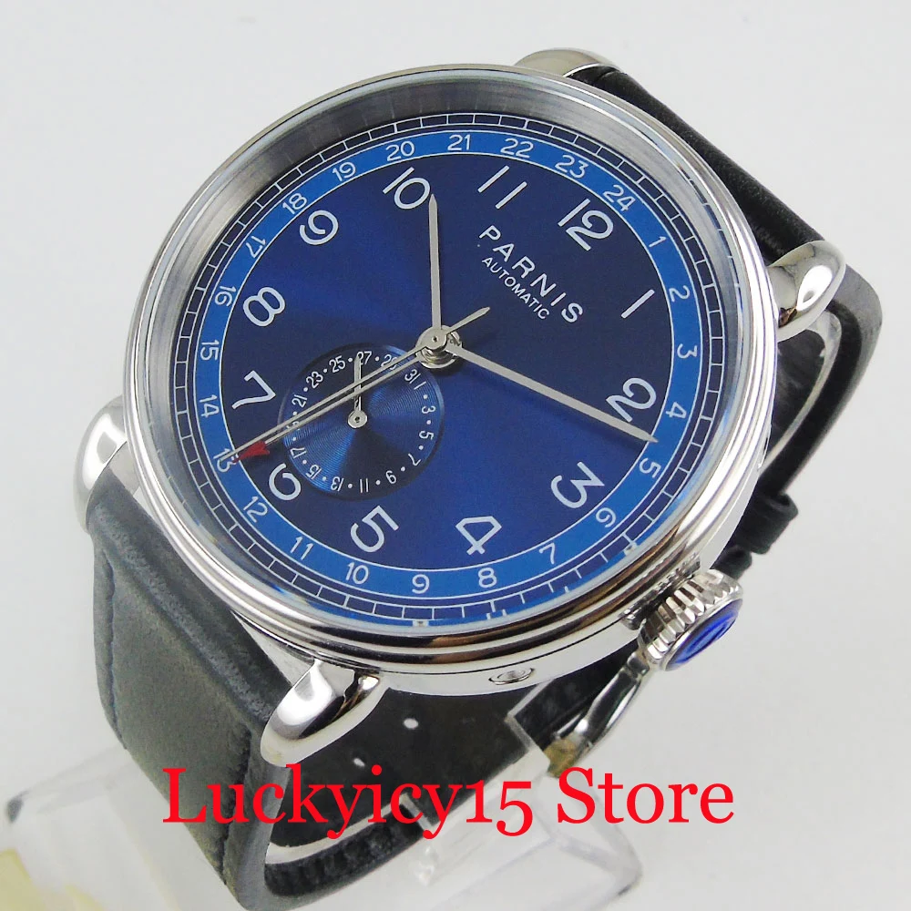 4 Colors Round PARNIS 42mm Date 24 Hour Indicator Men Wristwatch Glass Leather Strap