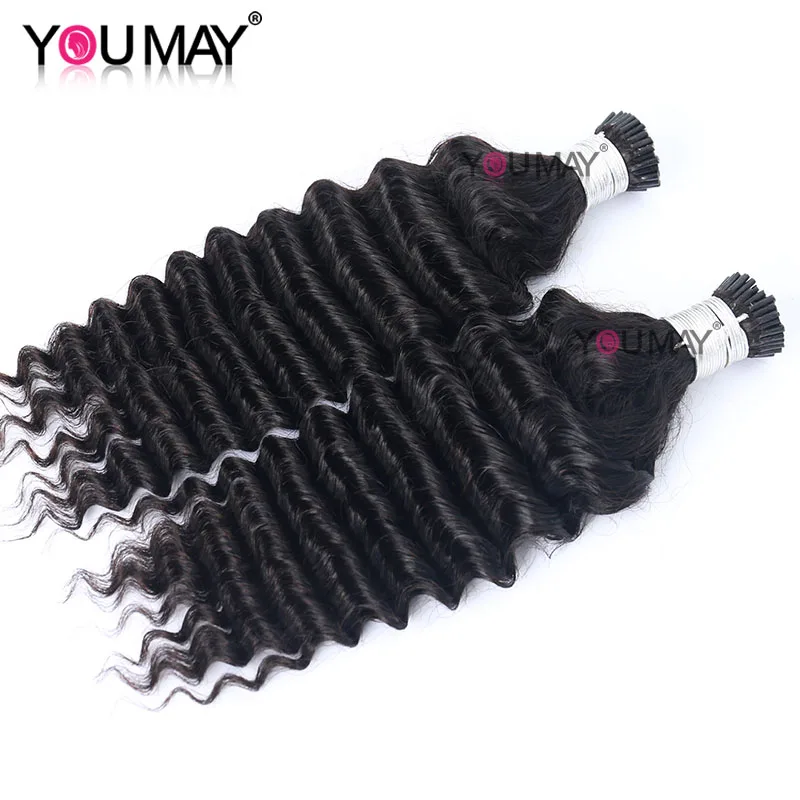 Extensiones de cabello de Punta I de onda profunda para mujeres negras, microenlaces, cabello virgen de Malasia, 100% cabello humano a granel, negro Natural, You May