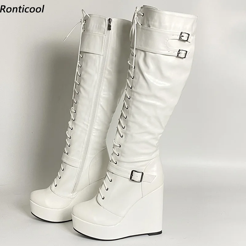 

Ronticool Handmade Women Winter Knee Boots Buckle Full Side Zipper Wedges Heels Round Toe Pretty White Shoes Plus US Size 5-20