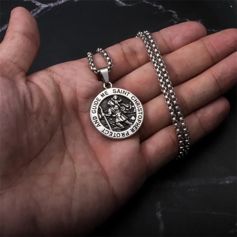 Saint Christopher Pendant Vintage Stainless Steel Alloy Greek Jesus Amulet Pendant Necklace for Men Women