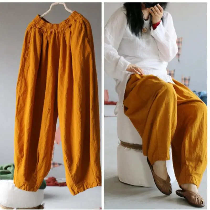 Free Shipping Summer Retro Outwear Elastic Waist Casual Trousers Women Pockets Pure Color Comfort Wide Leg Pants