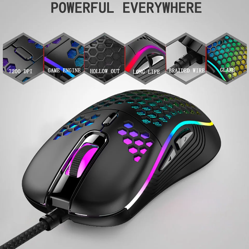Lightweight RGB Gaming Mouse 7200DPI Honeycomb Shell Mouse Ergonomic Mice with Ultra Weave Cable for Computer Gamer PC Desktop