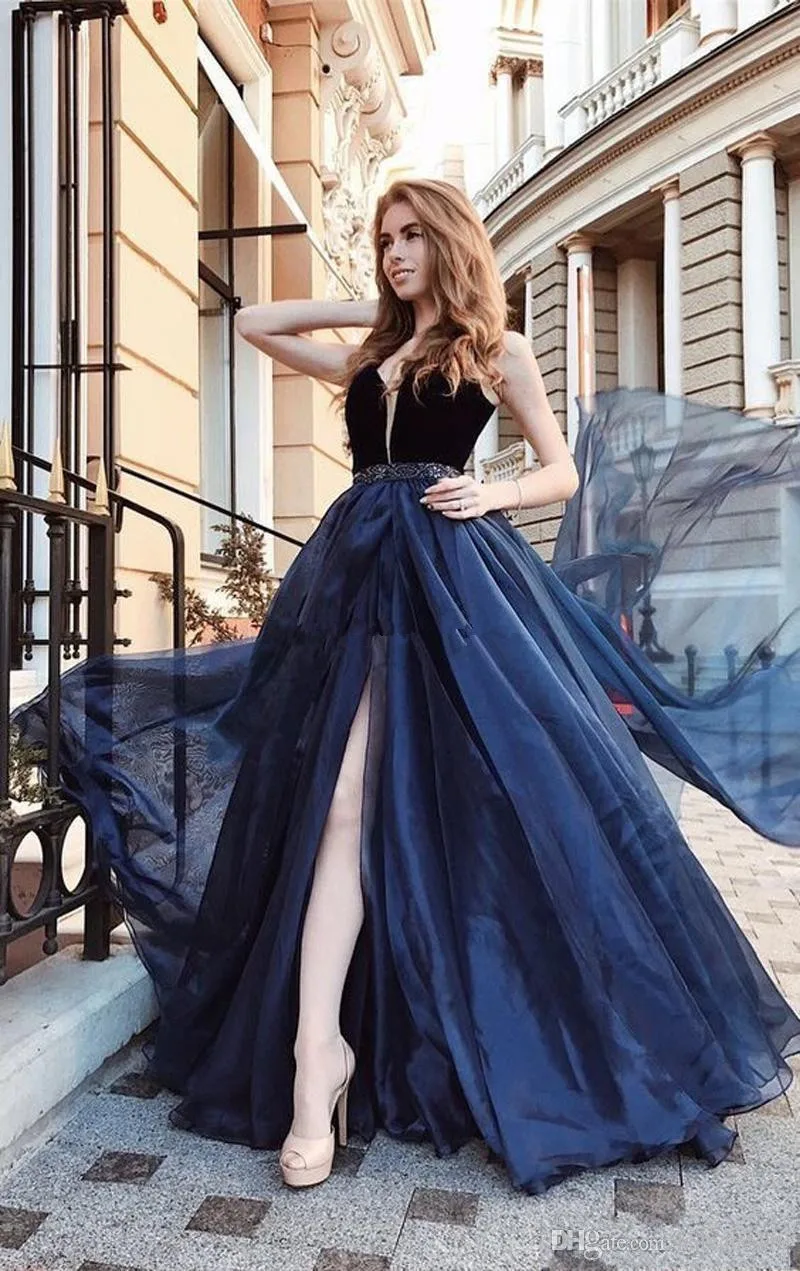 2020 Navy Blue Prom Dresses High Side Split V Neck Sleeveless Sash A Line Sweep Train Sexy Evening Party Gowns Vestidos De Festa