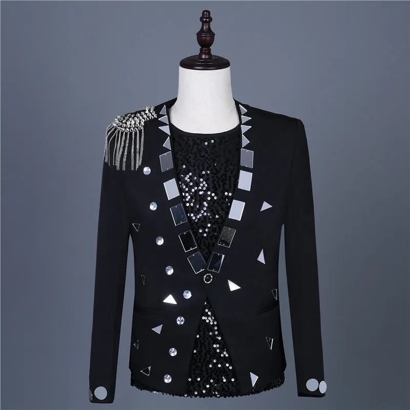 Men Mirror Blazer Black White Rivet Tassel Slim Suit Jacket Singer Stage Wear Evening Performance Slim Fit Coat Plus Size S~3XL