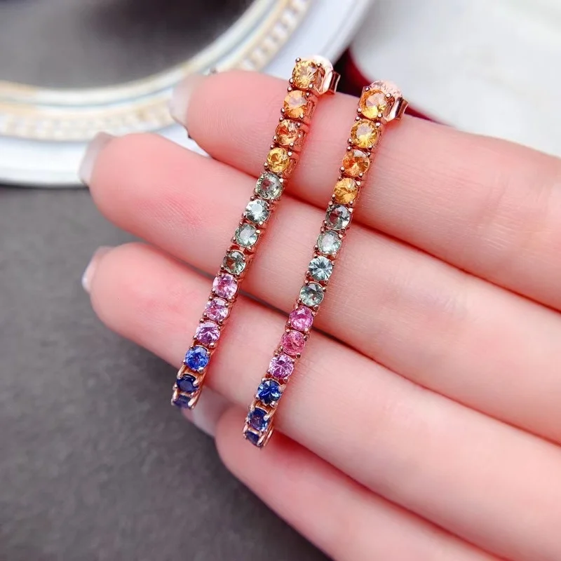 YULEM 925 Silver Colorful Sapphire Stud Earirngs for Party 3mm*3mm 100% Natural Sapphire Earrings Gift for Girlfriend