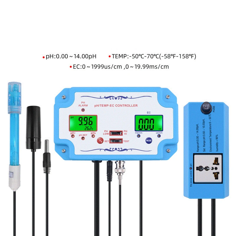 

Hot Sale 3 in 1 PH/EC/TEMP Water Quality Detector pH Controller Relay Plug Repleaceable Electrode BNC Type Water Analyzer