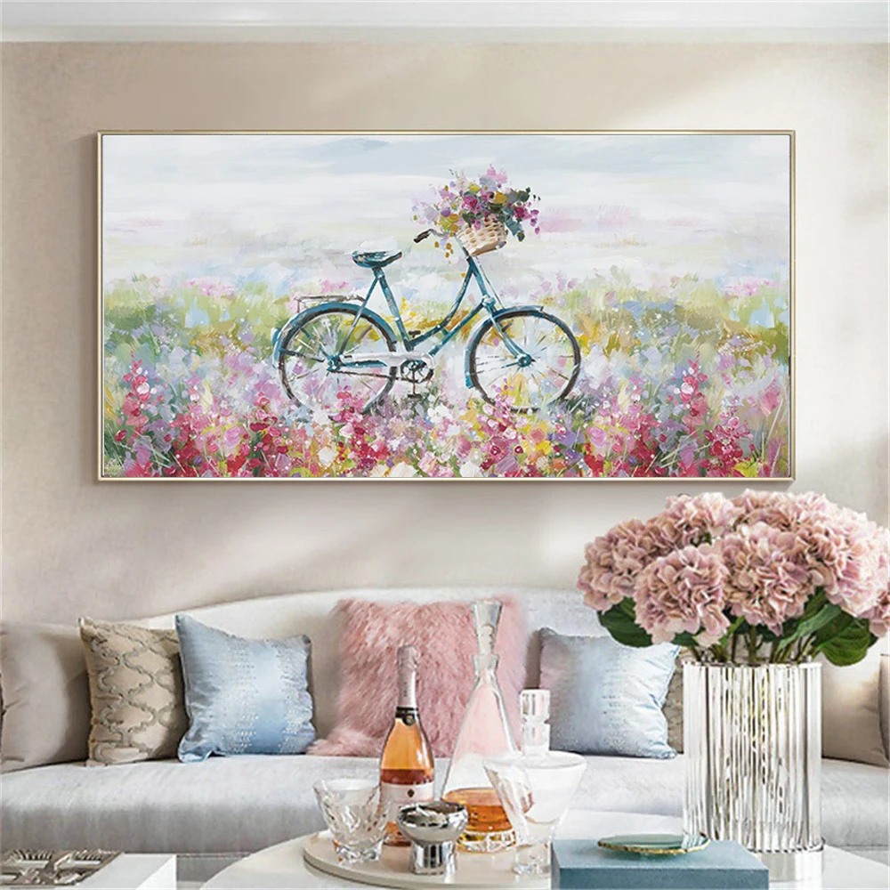 

Monet 100%hand-painted beautiful oil painting flowers Huaping bicycle weekend outing modern home decoration living room wall art