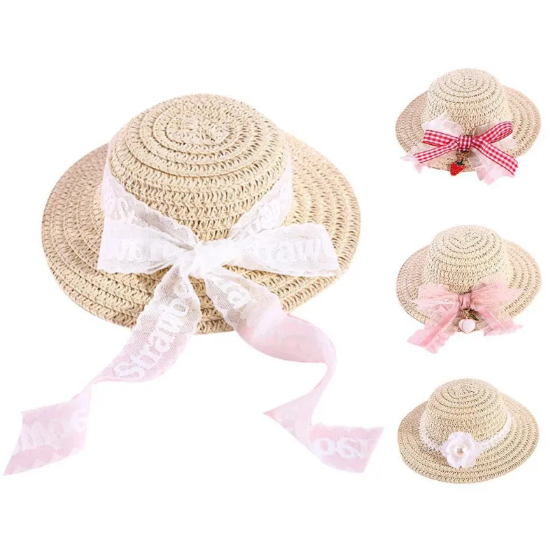 Lace Bow Pet Woven Hat Sunshade Cat Hat Adjustable Sombrero For Small Dogs and Cats Beach Party Straw Costume Accessories