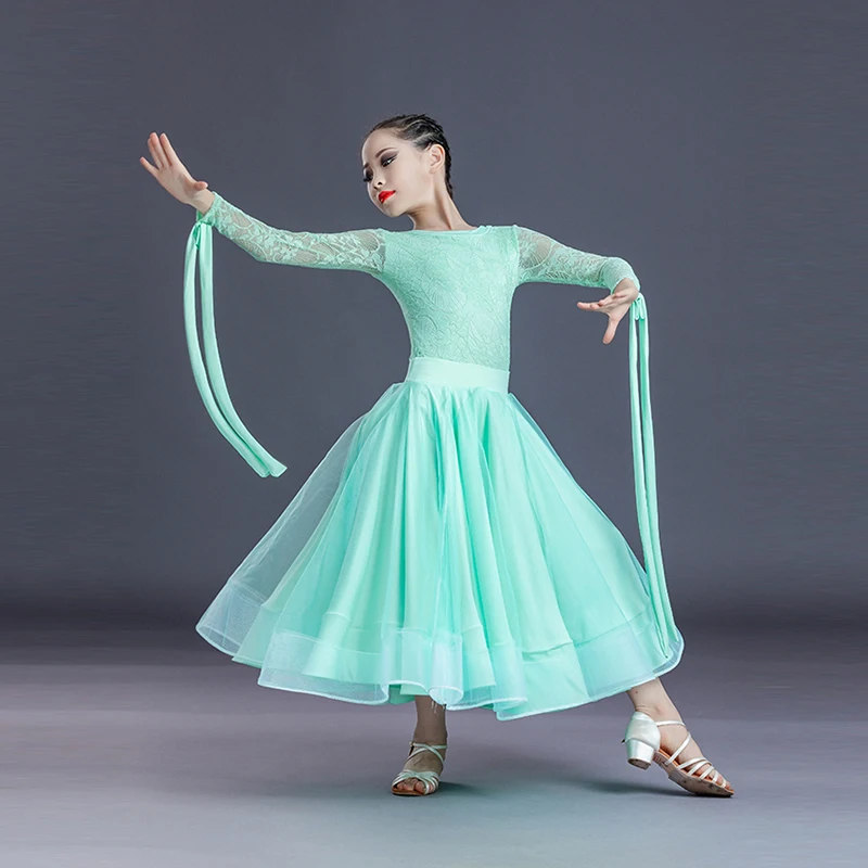 New Arrival Ballroom Dresses Girls Spring Waltz Dancing Competition Costume Lace Long Sleeve Stitching Performance Wear VDB5660