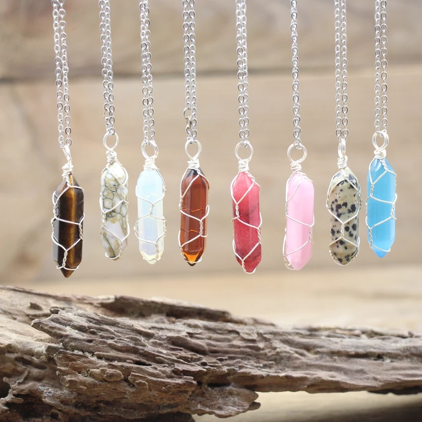 

Natural Crystal Wire Wrap Pendants Chains Multicolor Quartz Bullet Point Hexagonal Pendulum Necklace Women Jewelry,QC3190