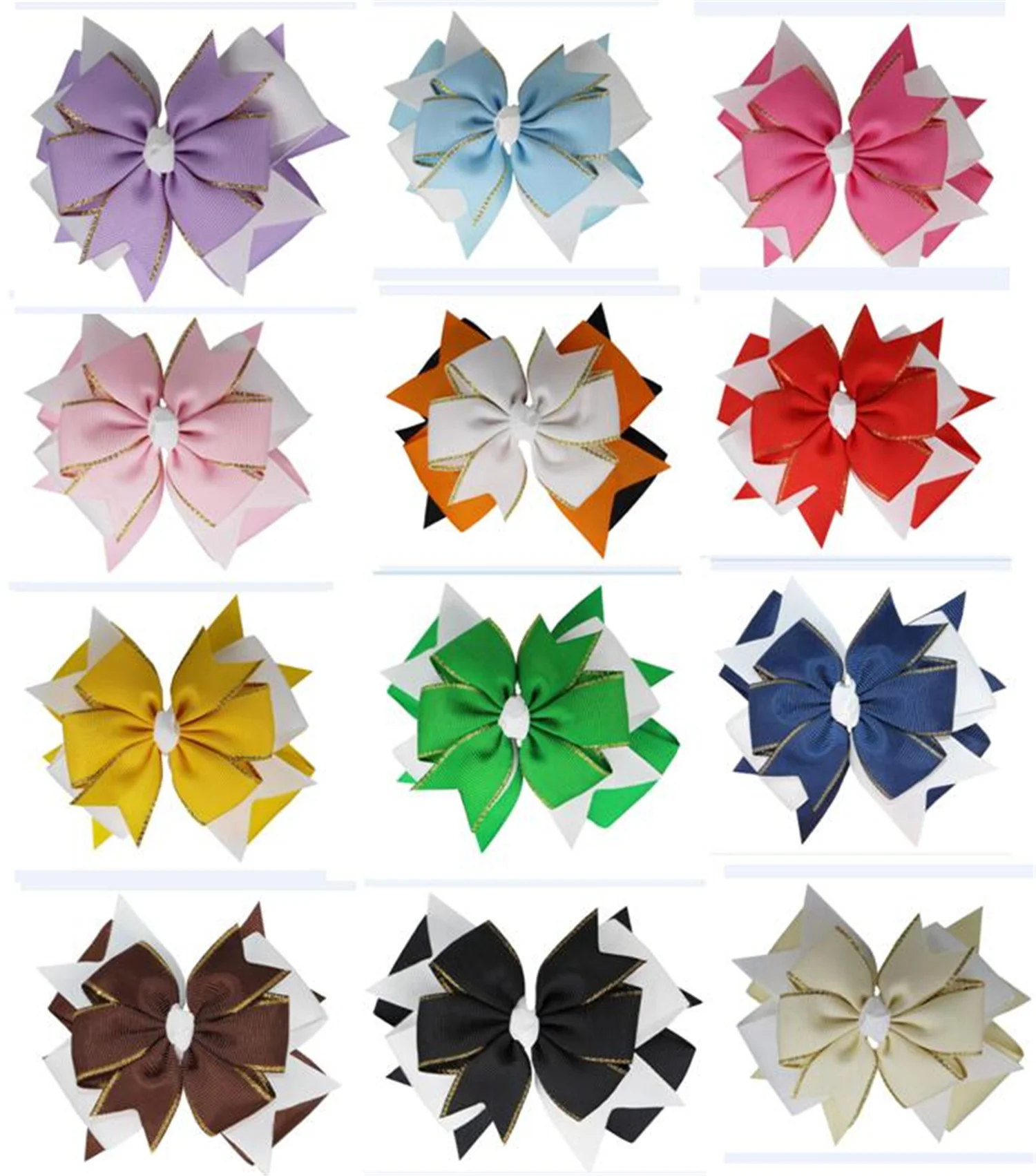 20 pces NEW  4.5inch Gold edge Multilevel ribbon hair bows layered hair clips classic girl school hair bows