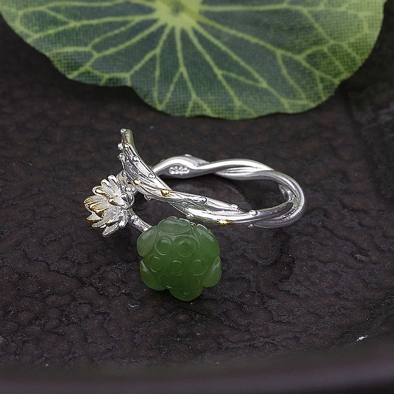 Amxiu Natural Hetian Jade Ring 100% 925 Sterling Silver Ring Handmade Open Ring Lotus Flower Rings For Women Girls Accessories