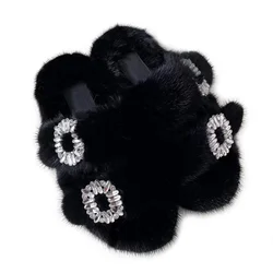 New Women's Rhinestone Slippers,Summer Sandals Womens Flats Slides Flip Flops Open Toe Fur Slippers For Women,Mink Fur Slippers