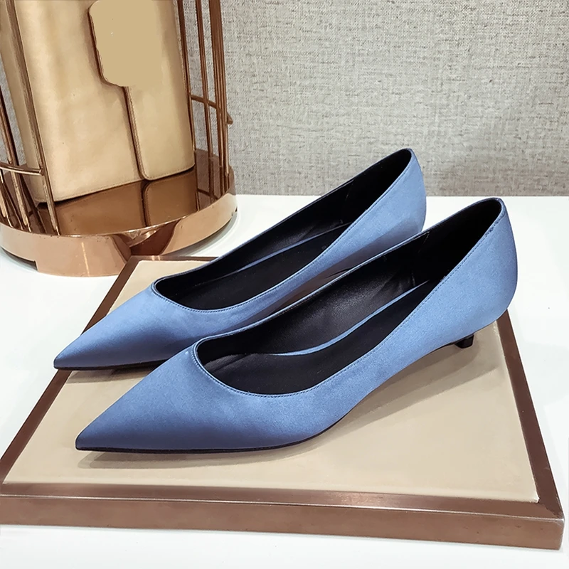 Female Silk Pumps Big Size Women Red navy Blue Sliver Fashion Office Work Wedding Party Shoes Ladies Low High Heels Autumn E0085