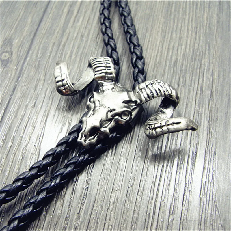 Bolo tie New Retro Shirt Chain Sheep Head  Collar Leather Necklace Long tie Pendant