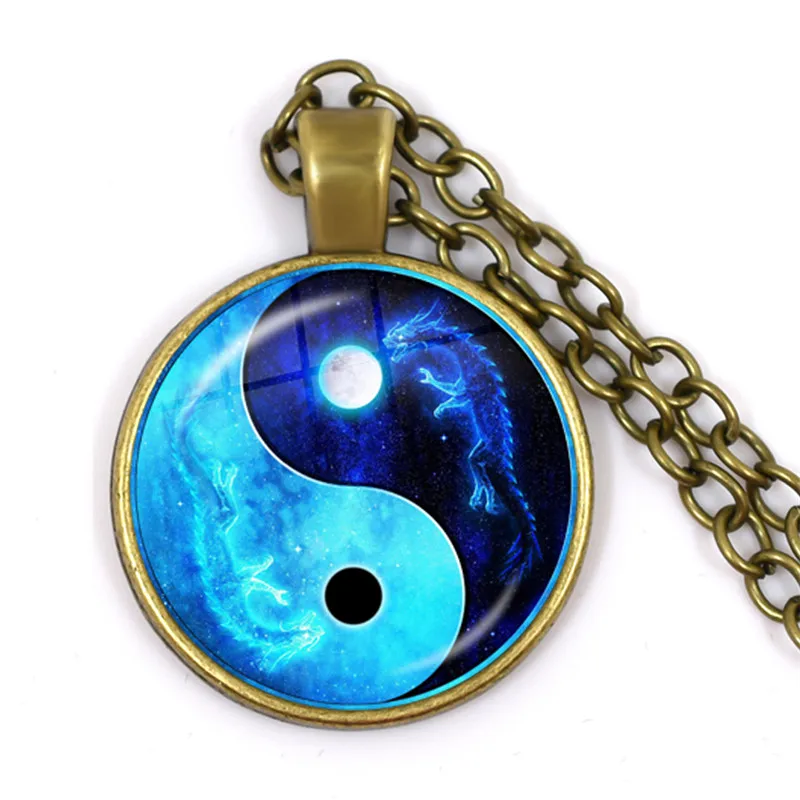 Collar Yin Yang de Tai Chi Unisex, colgante de cristal de cabujón de piedra de tiempo, cadena de dragón, Luna, Yin Yang, collares de joyería, regalo