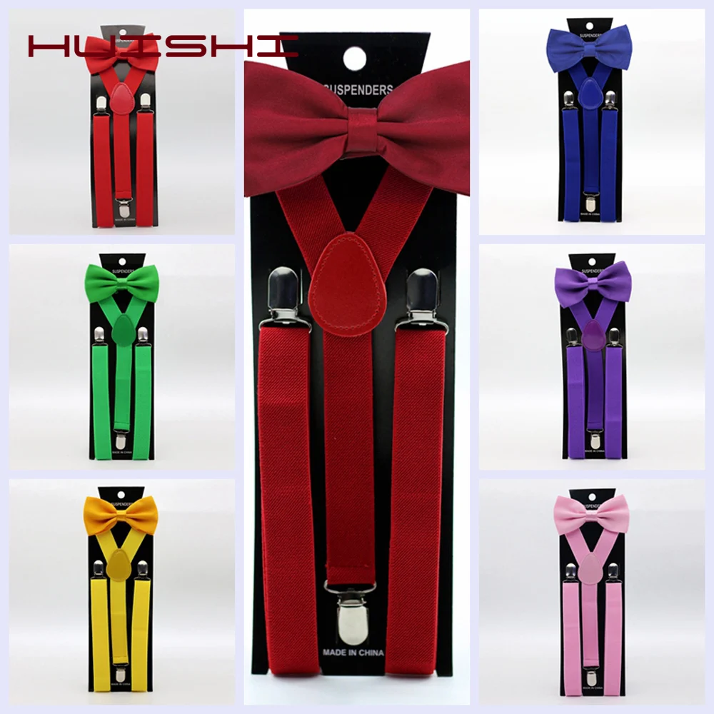 HUISHI Suspenders Bow Tie Set Men Solid Color Man's Belt Men Women Suspenders Adult Polyester Y-Back Braces Adjustable Elastic