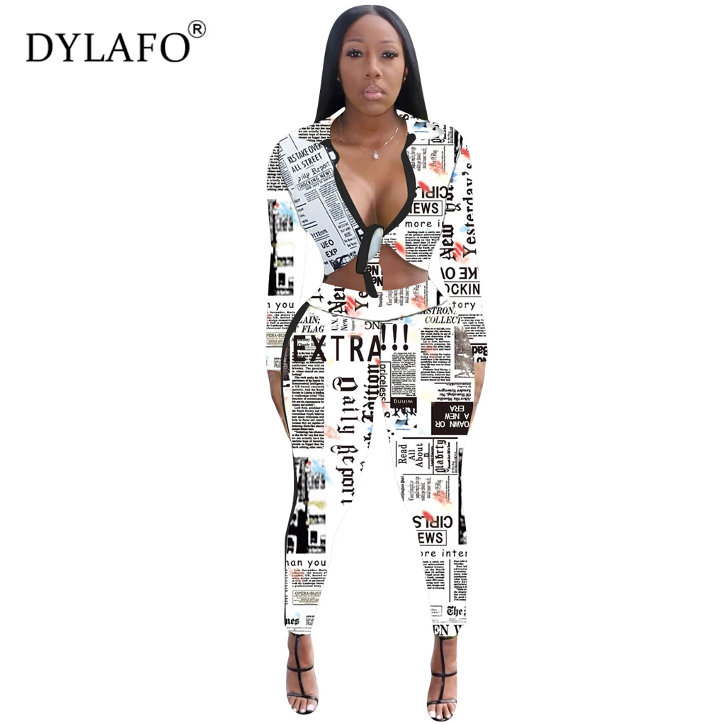 Winter Leopard Letter Newspaper Print WomenTwo Piece Set Front Tie Long Sleeve Shirt Crop Top Pencil Pants Female Sexy Club Suit