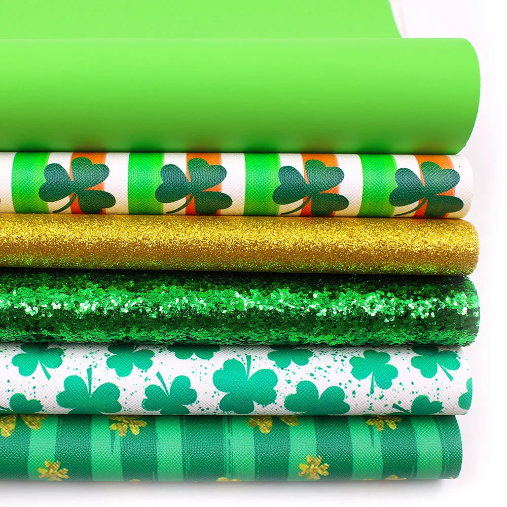 St Patrick's Theme Faux Leather Fabric Sheet Green Color Synthetic Leather Sheet 6 Pcs Assorted 7.7