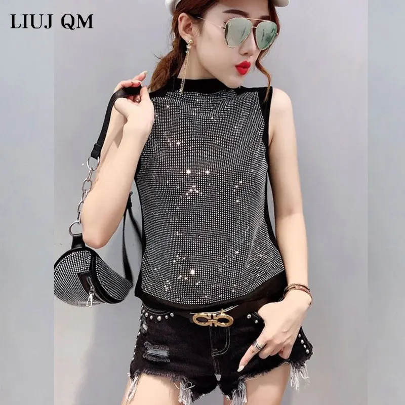 2024 New Summer Casual Loose Korean Clothes Harajuku Diamonds T-shirt Women Cotton Fashion Sleeveless Tops Ropa Mujer Shirt Tees