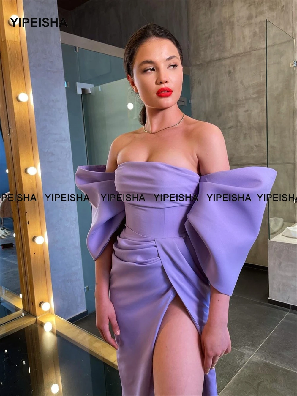 Yipeisha Lavendel Prom Kleider Hohe Split Off-schulter Meerjungfrau Abendkleid Jersey Robe de Soiree Puff Ärmeln Party Kleid