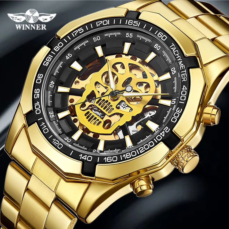 NEW WINNER Fashion Mechanical Watch Men Skull Design Top Brand Luxury Golden Stainless Steel Strap Skeleton Man Auto Wrist Watch