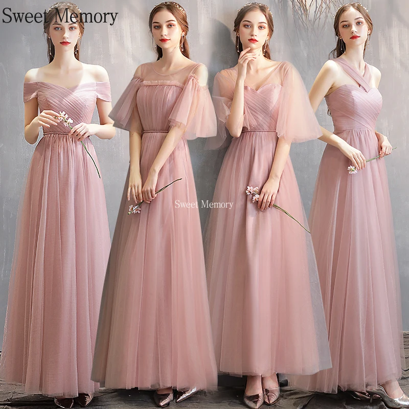 

Custom Made Dusty Blue Bridesmaid Dresses Pink Long Robe Lace Up Net Mesh Tulle Prom Dress Graduation Gown Formal Vestidos